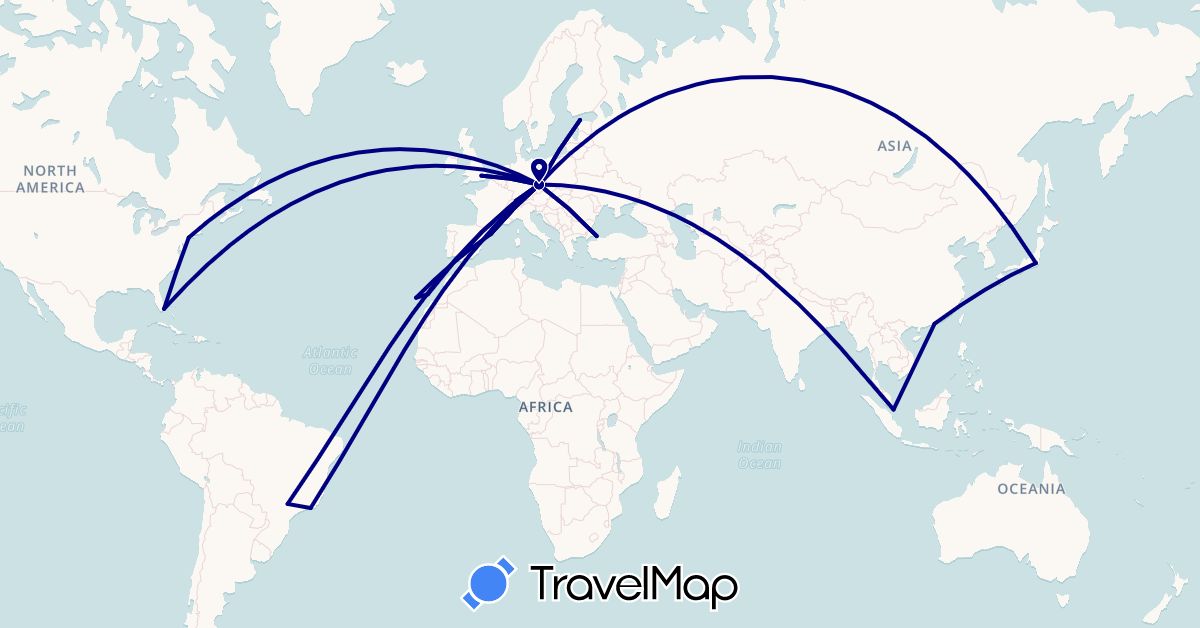 TravelMap itinerary: driving in Brazil, Switzerland, China, Czech Republic, Estonia, Spain, United Kingdom, Japan, Singapore, Turkey, United States (Asia, Europe, North America, South America)